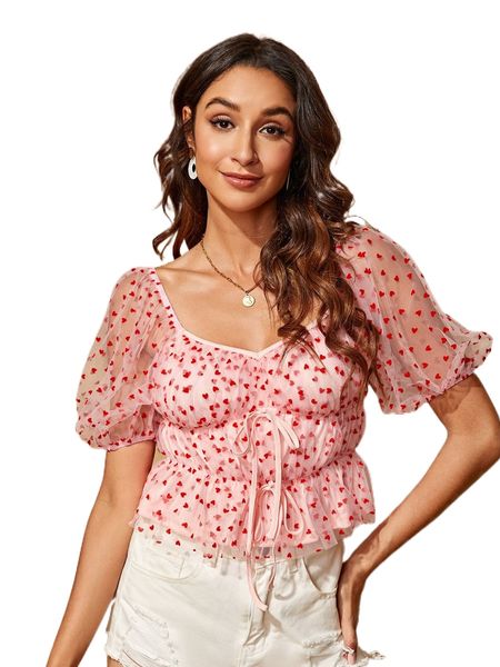 

allover heart print tie front shirred contrast mesh blouse 09js#, White
