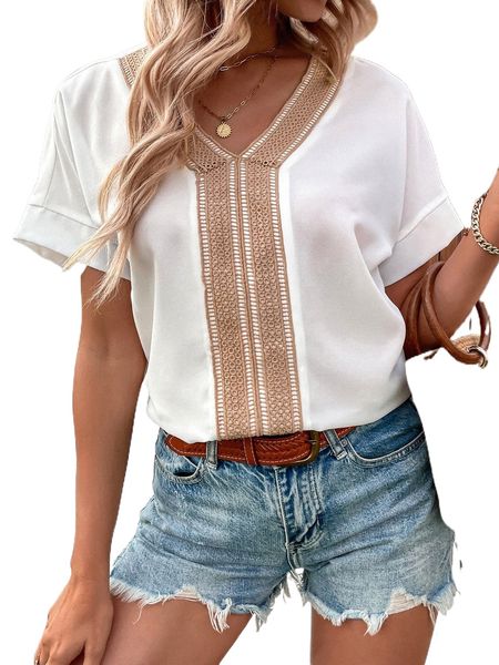 

contrast lace trim dolman sleeve blouse q7ql#, White