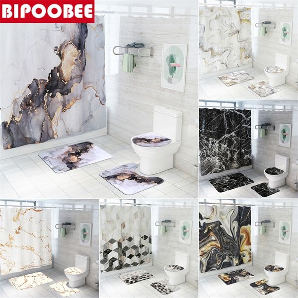 Tende da doccia con stampa 3D marmorizzate Set di tende da bagno geometriche impermeabili Set di tappetini antiscivolo per bagno in stile semplice 220517