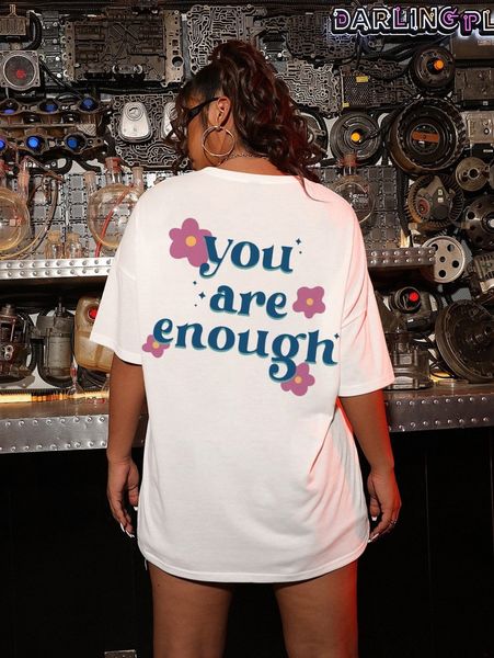 

plus floral & slogan graphic drop shoulder tee j8xz#, Black