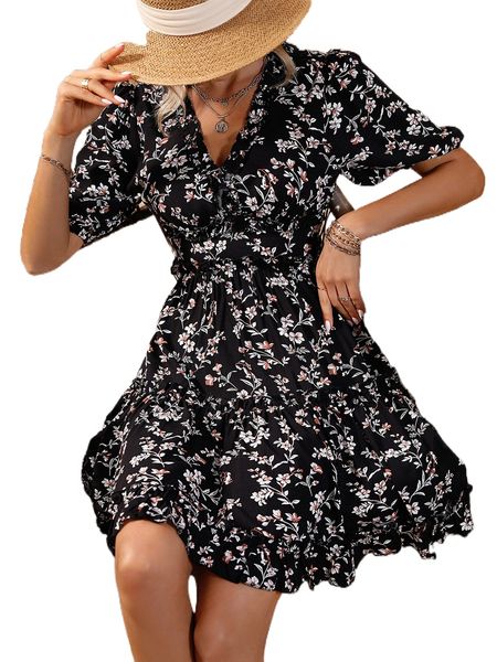 

floral print puff sleeve frill trim dress l3oq#, Black;gray