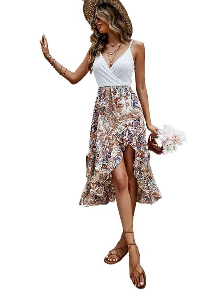 

floral & paisley print ruffle high low hem cami dress h5js#, Black;gray