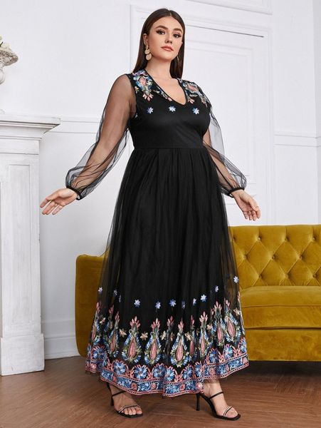 

plus floral embroidery lantern sleeve mesh dress 70gq#, Black