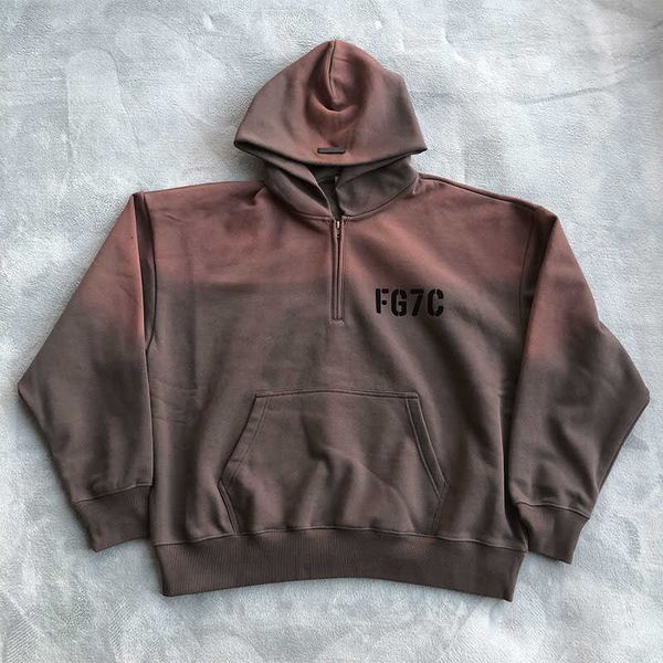 

men's hoodies european and american winter season 7 main line fg7c flocking letter gradient color semi zipper pullover hoodie, Black