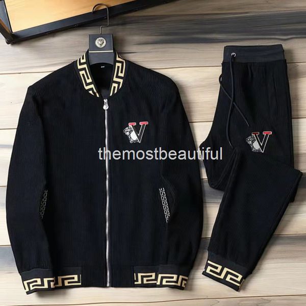 

men's tracksuits winter corduroy leisure sports suit men's fashion two-piece set large european, Gray