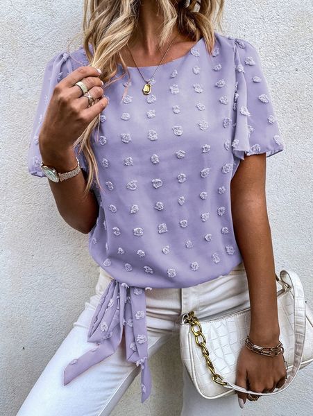 

swiss dot butterfly sleeve knot hem blouse i9ca#, White