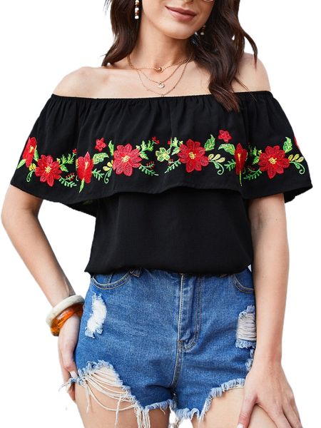 

floral embroidery off shoulder blouse w3zw#, White