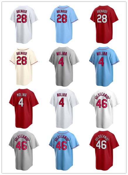 Camisas de beisebol yadier molina 4 nolan Arenado 28 Goldschmidt 46 Albert pujols 5 jesrey azul creme branco botão cinza vermelho