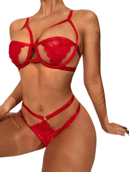 

floral lace cut out underwire lingerie set r1o3#, Black;red