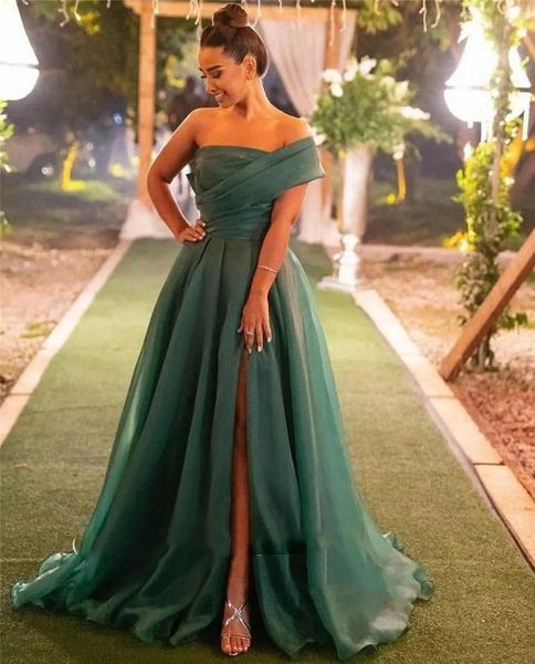 

a line green dark evening dresses one shoulder organza bow back robe de mariage white simple formal prom gowns vestidos, Black;red