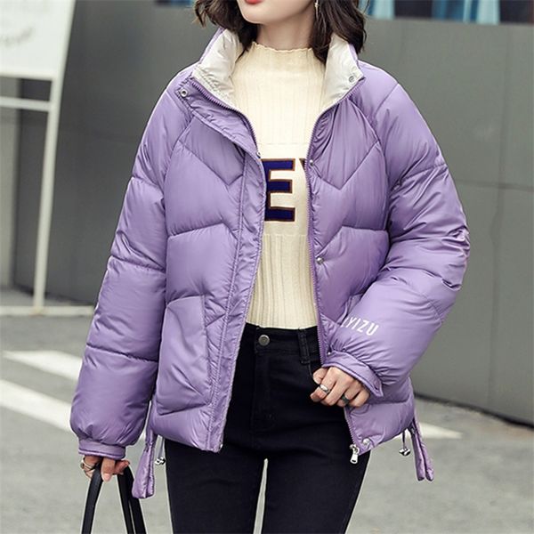 

new winter women parkas fashion short down cotton jacket coats warm zipper padded parka pocket stand collar shiny coat 200928, Black