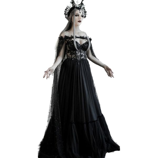 Abito da sposa nero gotico da favola scuro con corpetto a coppa a coppa Fantasia A Line Abiti da sposa Vampiro medievale Matrimonio di Halloween2047