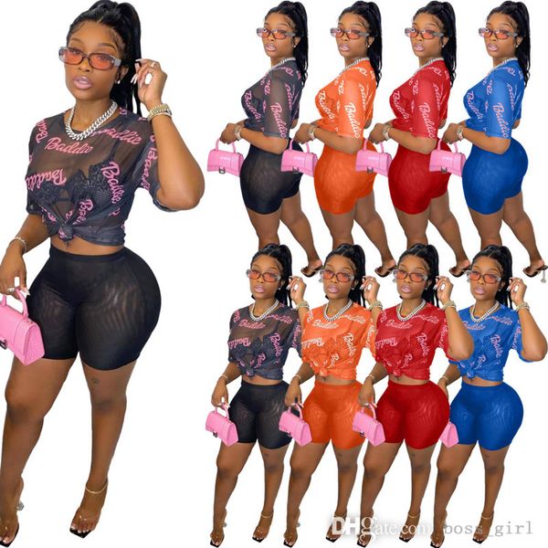 

2022 summer designer tracksuits for women sheer yoga short pants 2 pieces outfits party wear letter print t shirts mesh shorts clothing, Gray