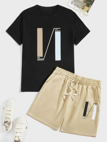 

men letter graphic tee & drawstring waist shorts h1pj#, Gray
