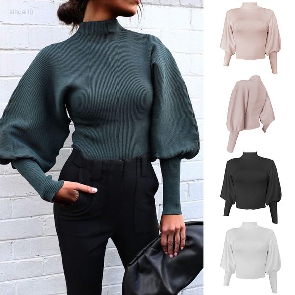 

lantern sleeve sweater woman winter 2022 long sleeve knitted sweaters for women casual loose sweaters wool crop l220725, White