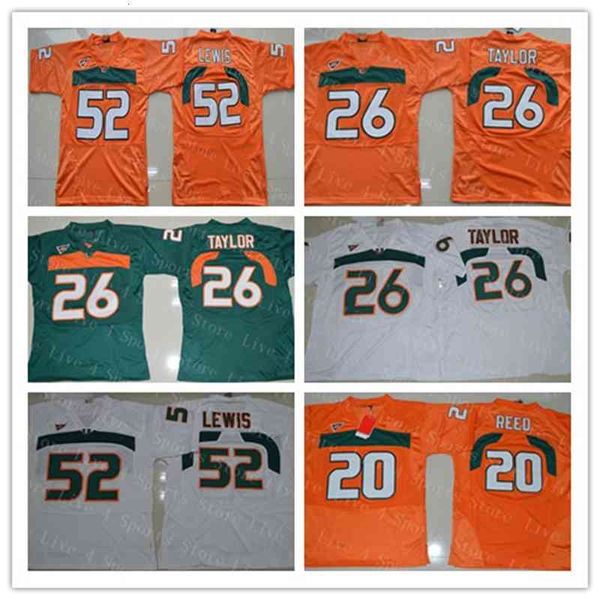 Camisas masculinas vintage Miami Hurricanes College 26 Sean Taylor 52 Ray Lewis R.lewis 20 Ed Reed Football Jerseys Green White