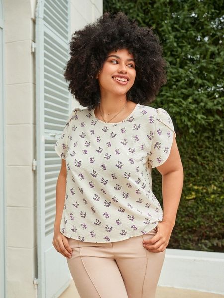 

plus ditsy floral petal sleeve blouse z80d#, Black