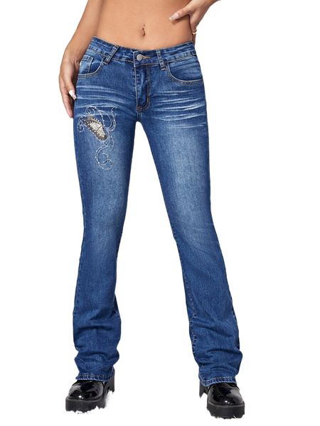 

bleach wash butterfly embroidery flare leg jeans i0d2#, Blue