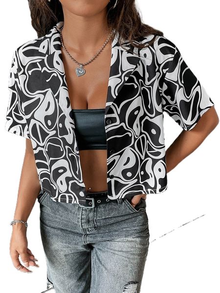 

yin and yang print lapel neck blouse without tube 56ws#, White