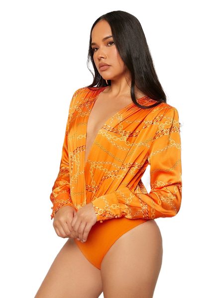 

chain print plunging neck satin bodysuit j2t0#, White