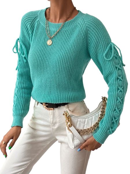 

rib-knit lace-up raglan sleeve sweater w6ua#, White;black