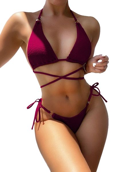 

ring linked lace up tie side bikini swimsuit u2jk#, White;black