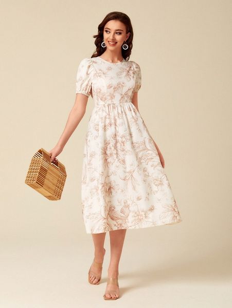 

floral print puff sleeve dress i4kc#, Black;gray