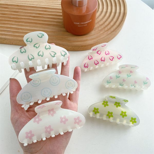 

dazzle color semicircle hair clamps heart flower crown smile sun printing hair clips claw european medium size acetic acid ponytail hairpins, Slivery;golden