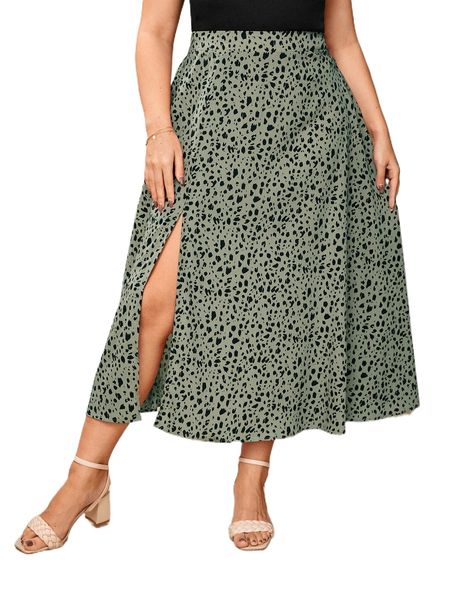 

plus leopard print split thigh skirt e1mt#, Black
