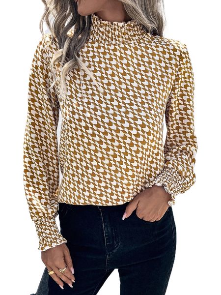 

allover geo print shirred high neck blouse l0pk#, White