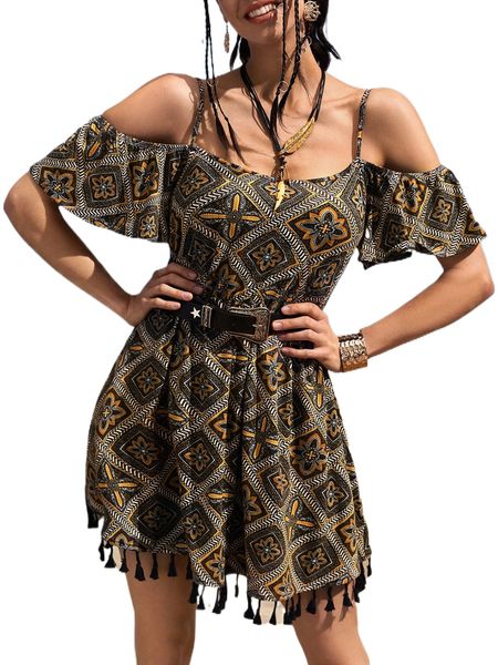 

geo print fringe hem cold shoulder dress without belt h7hs#, Black;gray