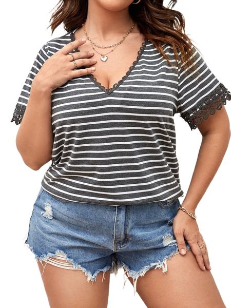 

plus striped lace trim tee a6ux#, Black
