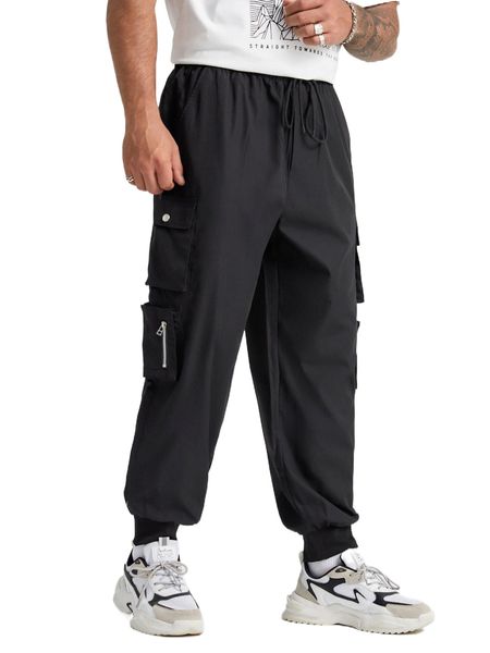 

extended sizes men drawstring waist flap pocket cargo pants w9a7#, Black