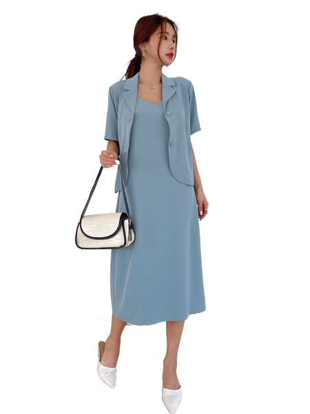 

dazy lapel neck blouse & solid cami dress k53q#, White