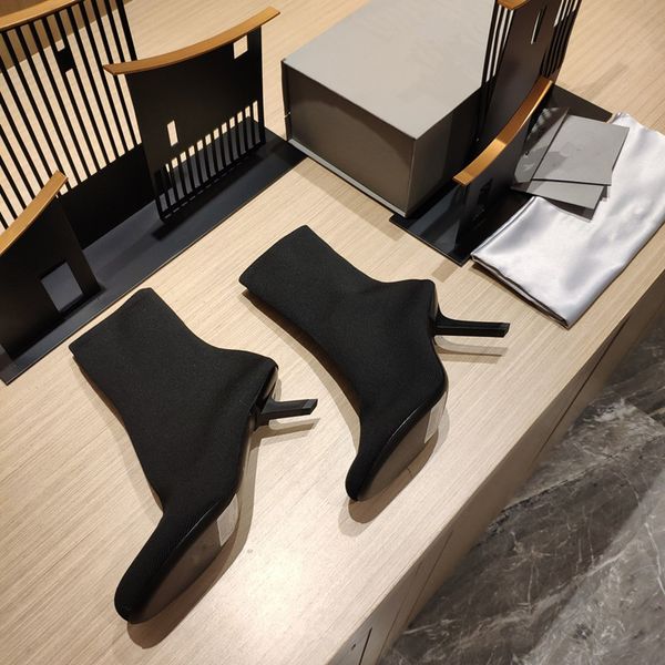 

2021 autumn winter style women high heel knitted socks boot fashion  heel lady stiletto shoes luxury designer female leather heel 4.5 8.5cm, Black