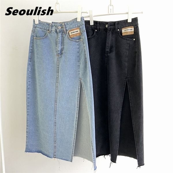 

seoulish summer women's long denim skirt vintage high wasit jeans skirt female straight side split a-line pencil skirts 220511, Black