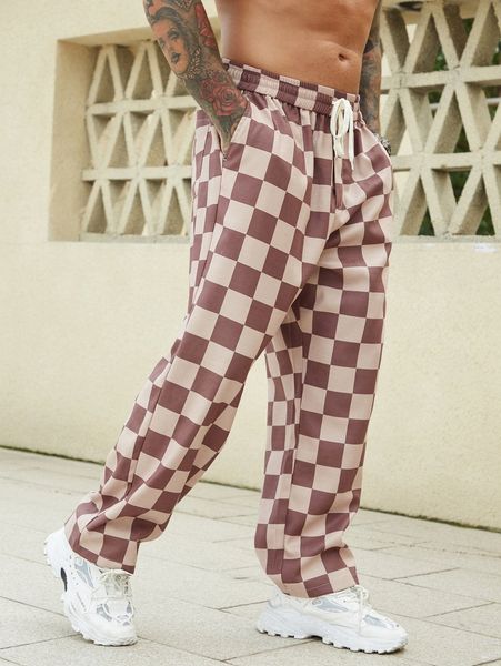 

extended sizes men checkered print drawstring waist pants h7xf#, Black