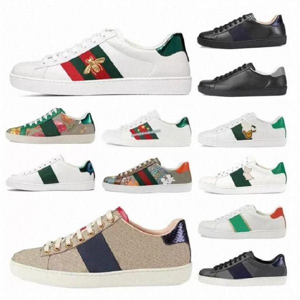 

men women casual designer shoes leather sneakers ace bee snake heart strawberry wave mouth tiger web print stylish trainers green 286c, Black