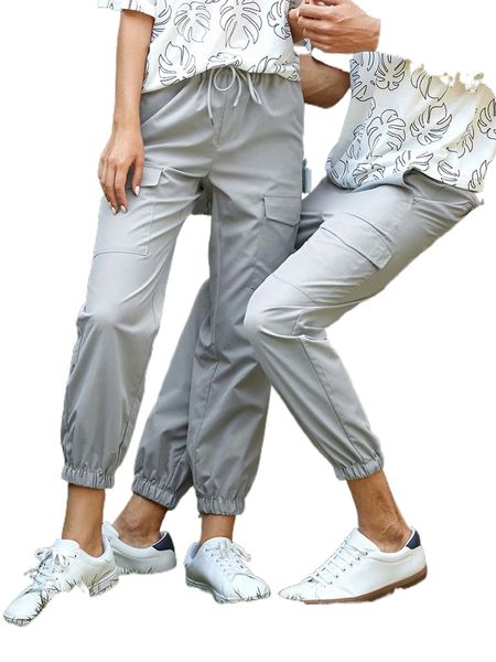

1pc flap pocket drawstring waist cargo pants u1yw#, Black