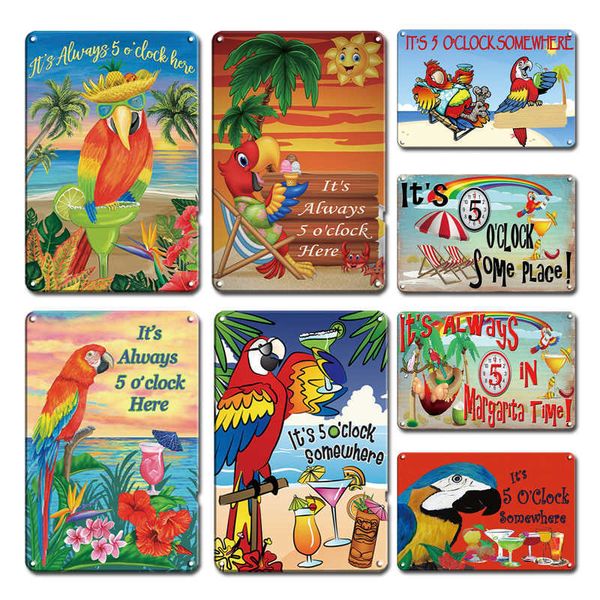 

funny parrot metal poster tin sign vintage it's aways 5 o'clock art sticker metal plates rustic tiki bar home wall decor plaque