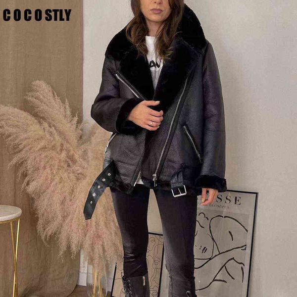 

new winter jackets women thick faux leather fur sheepskin coat fur leather jacket aviator jacket casaco feminino trf j220727, Black