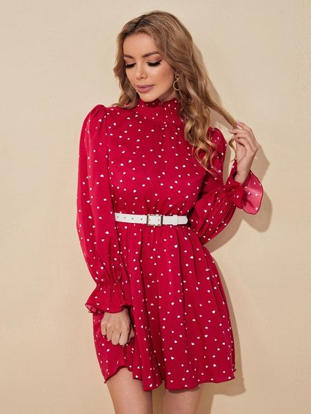 

confetti heart print flounce sleeve shirred neck dress 52cw#, Black;gray