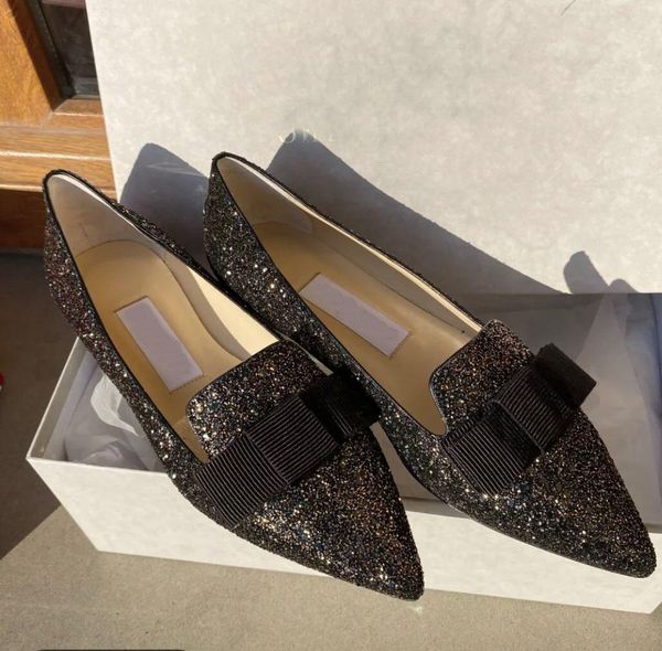 

luxurious brands gala ballet flats women glitter leather pointed toe with bow women's walking party wedding eu35-43 wi jimmys choos qkv, Black