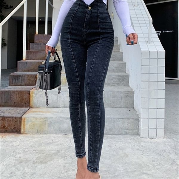 Neue unregelmäßige hohe Taille Jeans Damen Strumpfhosen Hüftheben und Leggings modische High Street dunkelgrau sexy 201109