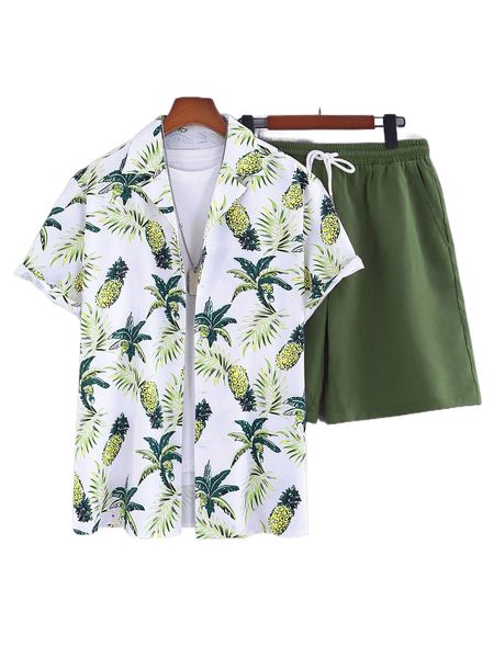

men random pineapple print shirt & drawstring shorts 26rd#, Gray