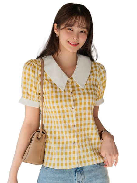 

dazy gingham print contrast collar puff sleeve blouse p31o#, White