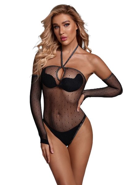 

fishnet teddy bodysuit with 1pair oversleeves without bra & panty v1n7#, Black;red