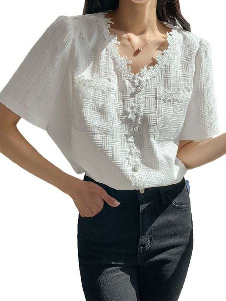 

dazy guipure lace panel puff sleeve blouse b7qx#, White