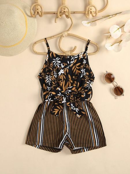 

toddler girls plants and stripe print belted cami romper she, Blue