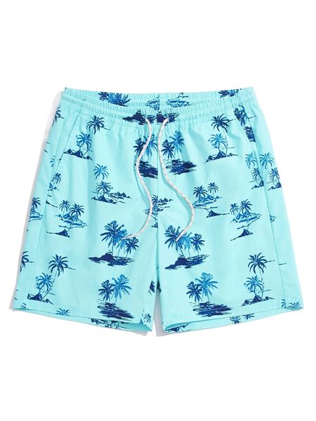 

men palm tree print drawstring waist shorts 38jf#, White;black